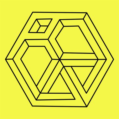 Optik illüzyon, imkansız küp, izometrik şekil. Logo soyut sonsuz imkansız döngü vektör tasarım şablonu. Logotype. Yaratıcı küp çizgisi sanat konsepti. Sarı arkaplanda izole edilmiş vektör.