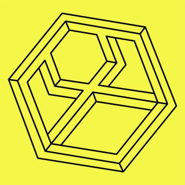 İmkansız şekiller. Optik yanılsama. Kutsal geometri. Soyut sonsuz geometrik nesne. İmkansız sonsuz özet. Sarı arka planda imkansız geometri sembolü. İşlem sanatı.