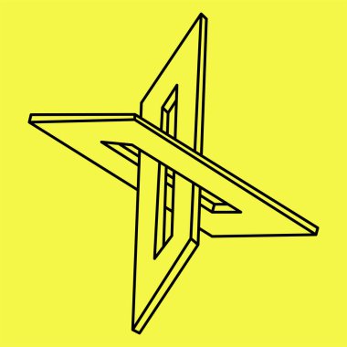 İmkansız şekiller. Kutsal geometri figürleri. Optik illüzyon objesi. Soyut sonsuz geometrik elementler. İmkansız sonsuz dış hat şekli. Sarı arka planda imkansız geometri figürü. İşlem sanatı.