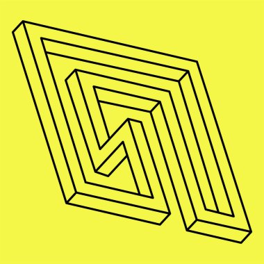 İmkansız bir şekil. Kutsal geometri. Optik yanılsama. Soyut sonsuz geometrik nesne. İmkansız sonsuz özet. Optik sanat. Sarı arka planda imkansız geometri sembolü.
