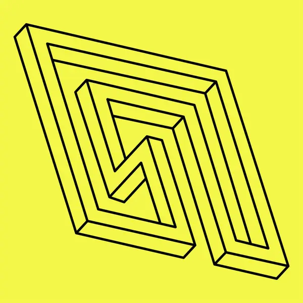 İmkansız bir şekil. Kutsal geometri. Optik yanılsama. Soyut sonsuz geometrik nesne. İmkansız sonsuz özet. Optik sanat. Sarı arka planda imkansız geometri sembolü.