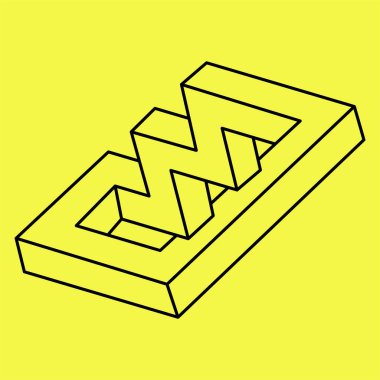 Optik yanılsama şekli, imkansız figür, sarı arka planda siyah çizgiler, operasyon sanatı. Kutsal geometri. 