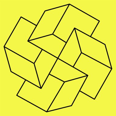 Doğrusal tasarım elemanı. Geometrik simge, geometrik desen, geometrik şekil, etiket, işaret, monogram. Vektör. Sarı renkte izole edilmiş. 