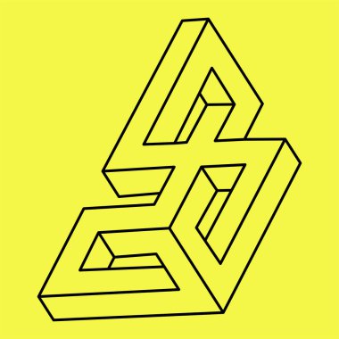 Optik illüzyon, imkansız şekil, sarı arka planda modaya uygun sihirli logo, vektör illüstrasyonu. 