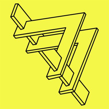 İmkansız şekiller. Kutsal geometri objesi. Optik yanılsama. Soyut sonsuz geometrik nesne. İmkansız sonsuz ana hatları. Operasyon sanatı. Sarı arka planda imkansız geometri şekli. Satır sanatı.