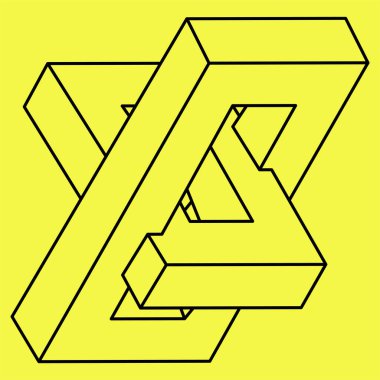 İmkansız şekiller. Kutsal geometri objesi. Optik illüzyon şekli. Soyut sonsuz geometrik nesne. İmkansız sonsuz taslak figürü. Optik sanat. Sarı arka planda imkansız geometri şekli.