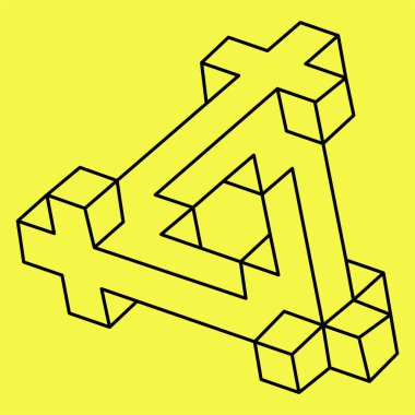 İmkansız şekiller. Kutsal geometri figürü. Optik yanılsama. Soyut sonsuz geometrik nesneler. İmkansız sonsuz ana hatları. Operasyon sanatı. Sarı arka planda imkansız geometri şekli. Satır sanatı.