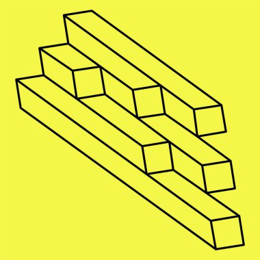 İmkansız şekiller. Kutsal geometri. Optik illüzyon figürleri. Soyut sonsuz geometrik nesne. İmkansız sonsuz ana hatları. Optik sanat. Sarı arka planda imkansız geometri şekli.