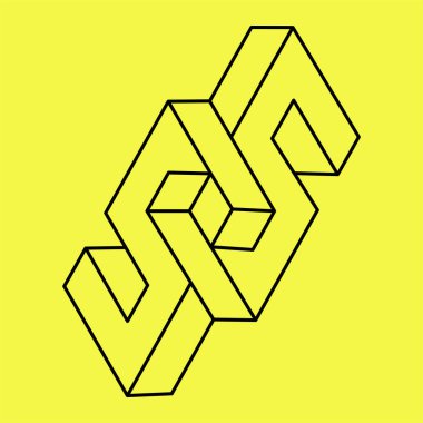 İmkansız şekiller. Kutsal geometri. Optik yanılsama. Soyut sonsuz geometrik nesne. İmkansız sonsuz özet. İmkansız geometri sembolü sarı arka planda izole edilmiş. Operasyon sanatı. Satır sanatı.