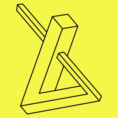 İmkansız şekiller. Kutsal geometri objesi. Optik illüzyon figürleri. Soyut sonsuz geometrik. İmkansız sonsuz ana hatları. Operasyon sanatı. Sarı arka planda imkansız geometri şekli. Satır sanatı.