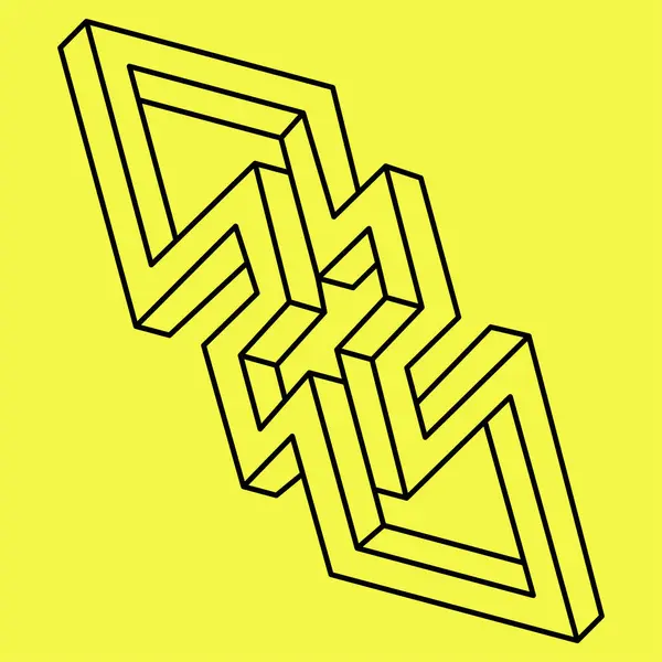 İmkansız bir şekil. Kutsal geometri. Optik illüzyon figürü. Operasyon sanatı. Sarı zemin üzerinde imkansız geometri nesnesi.