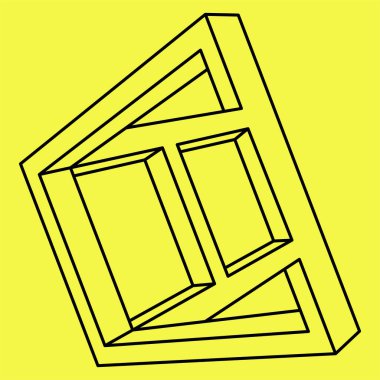 İmkansız şekiller. Kutsal geometri. Optik illüzyon objesi. Soyut sonsuz geometrik nesne. İmkansız sonsuz dış hat şekli. Operasyon sanatı. Çizgi çalışması. Sarı arka planda imkansız geometri figürü.