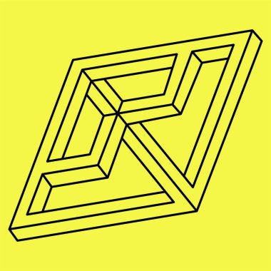 İmkansız şekiller. Kutsal geometri. Çizgi çalışması. Optik yanılsama. Soyut sonsuz geometrik nesne. İmkansız sonsuz özet. Optik sanat. Sarı arka planda imkansız geometri şekli.