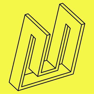 İmkansız şekiller. Kutsal geometri objesi. Optik illüzyon figürü. Soyut sonsuz geometrik nesne. İmkansız sonsuz dış hat şekli. Sarı arka planda imkansız geometri şekli. Optik sanat.