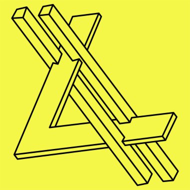 İmkansız şekiller. Kutsal geometri. Optik illüzyon figürü. Soyut sonsuz geometrik nesneler. İmkansız sonsuz ana hatları. Operasyon sanatı. Sarı arka planda imkansız geometri şekli. Satır sanatı.