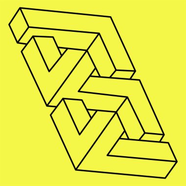 İmkansız şekiller. Kutsal geometri şekli. Optik illüzyon figürü. Soyut sonsuz geometrik nesne. İmkansız sonsuz özet. Operasyon sanatı. Çizgi çalışması. Sarı arka planda imkansız geometri şekli.