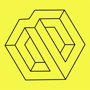 İmkansız bir nesne. Optik yanılsama. Sarı renkte izole edilmiş vektör çizimi. Optik sanat. 