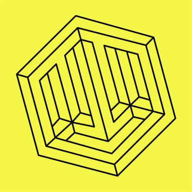 İmkânsız altıgen işareti. Optik yanılsama. Soyut sembol, sarı arka planda imkansız geometri. Gerçek dışı geometrik şekil. Altıgen logo tasarımı. Vektör çizimi. İşlem sanatı.