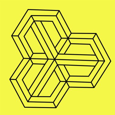 Optik illüzyon, imkansız izometrik çizim. Soyut sonsuz imkansız döngü vektör tasarım şablonu. Logotype. Yaratıcı çizgi sanat konsepti. Sarı arkaplanda izole edilmiş vektör.