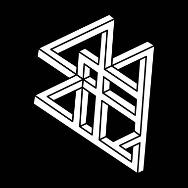 İmkansız şekiller. Escher tarzı. Kutsal geometri figürü. Optik yanılsama. Soyut sonsuz geometrik nesne. İmkansız sonsuz dış hat şekli. Operasyon sanatı. Siyah bir arkaplanda imkansız geometri şekli.