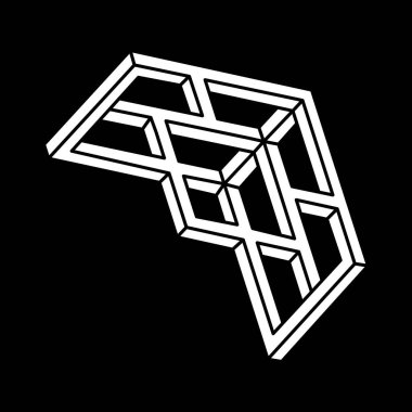 İmkansız şekiller. Kutsal geometri. Optik yanılsama. Soyut sonsuz geometrik nesne. İmkansız sonsuz özet. Optik sanat. Siyah arka planda imkansız geometri sembolü. Escher tarzı.