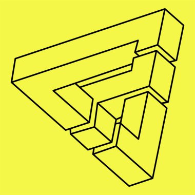İmkansız şekiller. Optik yanılsama. Soyut sonsuz geometrik nesne. İmkansız sonsuz özet. Sarı arka planda imkansız geometri sembolü. Optik sanat. 