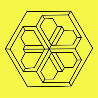 İmkansız bir şekil. Optik yanılsama. Soyut sonsuz geometrik nesne. İmkansız sonsuz özet. Kutsal geometri. Sarı arka planda imkansız geometri sembolü. İşlem sanatı.