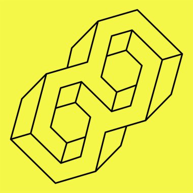 İmkansız şekiller. Kutsal geometri. Optik illüzyon figürü. Soyut sonsuz geometrik nesne. İmkansız sonsuz dış hat şekli. Operasyon sanatı. Sarı arka planda imkansız geometri sembolü.