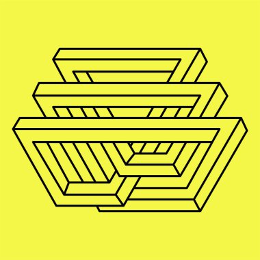 İmkansız şekiller. Kutsal geometri objesi. Optik yanılsama. Soyut sonsuz geometrik figür. İmkansız sonsuz özet. Çizgi çalışması. Operasyon sanatı. Sarı arka planda imkansız geometri şekli.