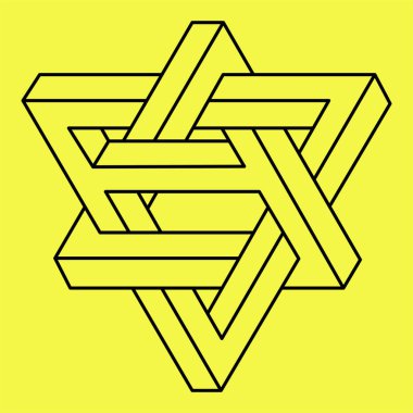 İmkansız şekiller. Kutsal geometri figürü. Optik illüzyon objesi. Soyut sonsuz geometrik şekil. İmkansız sonsuz özet. Çizgi çalışması. Operasyon sanatı. Sarı arka planda imkansız geometri figürü.