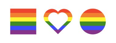 Gökkuşağı bayrağı kalp çerçevesi. Eşcinsel gurur çemberi, kare arkaplan. Progress Logotype sembolleri. LGBT simgesi. Gökkuşağı renklerinde çıkartmalar. Yuvarlak, kalp, dikdörtgen düğme. Asgari şablon tasarımı.