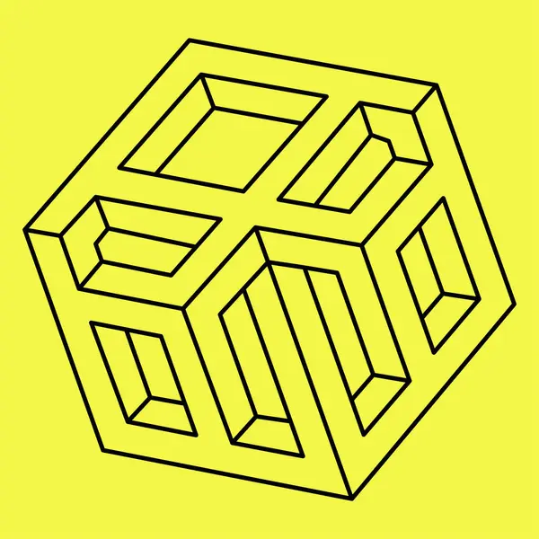 İmkansız bir şekil. Optik yanılsama. Soyut sonsuz geometrik nesne. İmkansız sonsuz özet. Sarı arka planda imkansız geometri sembolü. 