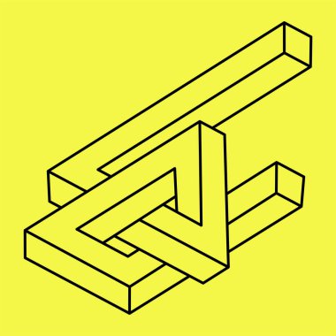 İmkansız şekiller. Kutsal geometri. Optik yanılsama. Soyut sonsuz geometrik nesne. İmkansız sonsuz özet. Sarı arka planda imkansız geometri sembolü.