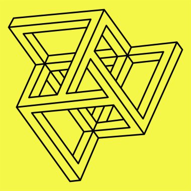 İmkansız şekiller. Kutsal geometri. Optik yanılsama. Soyut sonsuz geometrik nesne. İmkansız sonsuz ana hat üçgeni. Optik sanat. Çizgi çalışması. Sarı arka planda imkansız geometri şekli.