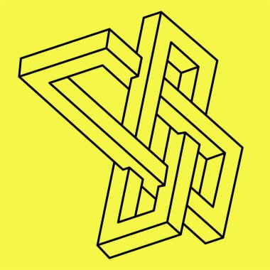 İmkansız bir şekil. Optik yanılsama. Soyut sonsuz geometrik nesne. Web tasarım elemanı. Sarı arka planda izole edilmiş. Vektör çizimi. Optik sanat. Kutsal geometri.