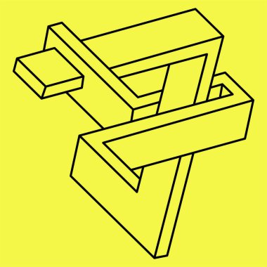 İmkansız bir şekil. Kutsal geometri. Optik illüzyon figürü. Soyut sonsuz geometrik nesneler. İmkansız sonsuz dış hat şekli. Operasyon sanatı. Sarı arka planda imkansız geometri şekli. Satır tasarımı.