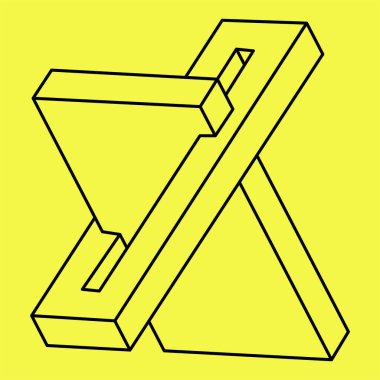 İmkansız şekiller. Kutsal geometri. Optik yanılsama. Soyut sonsuz geometrik nesne. İmkansız sonsuz özet. Operasyon sanatı. Sarı arka planda imkansız geometri şekli.