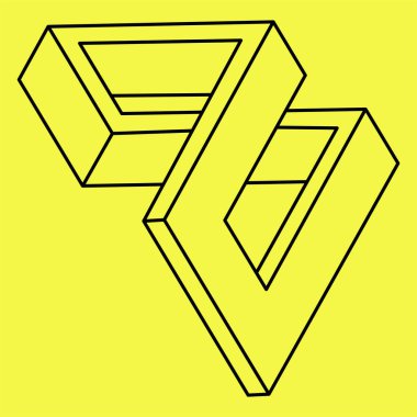 İmkansız şekiller. Kutsal geometri. Optik illüzyon figürü. Soyut sonsuz geometrik nesne. İmkansız sonsuz özet. Operasyon sanatı. Sarı arka planda imkansız geometri şekli. Satır sanatı.