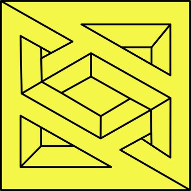 İmkansız şekiller. Kutsal geometri figürü. Optik illüzyon şekli. Soyut sonsuz geometrik nesne. İmkansız sonsuz taslak figürü. Optik sanat. Sarı arka planda imkansız geometri şekli.