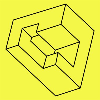 İmkansız bir şekil. Kutsal geometri. Optik yanılsama. Soyut sonsuz geometrik nesne. İmkansız sonsuz özet. Sarı arka planda imkansız geometri objesi. Operasyon sanatı. Satır sanatı.