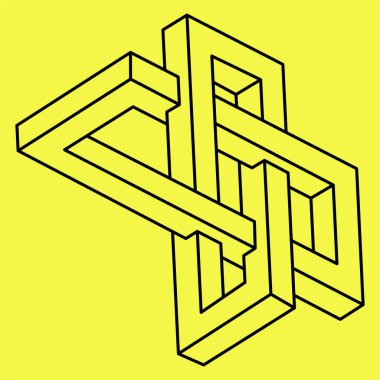 İmkansız şekiller. Kutsal geometri. Optik illüzyon şekli. Soyut sonsuz geometrik nesne. İmkansız sonsuz dış hat şekli. Operasyon sanatı. Sarı arka planda imkansız geometri şekli. Satır sanatı.