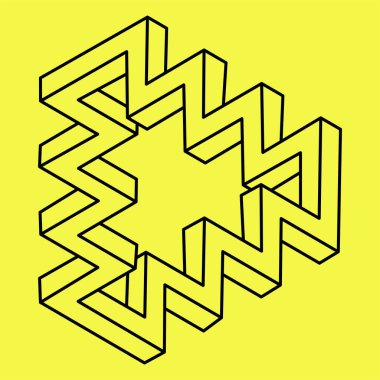 İmkansız şekiller, optik illüzyon vektörü. Optik sanat. Sarı arkaplanda siyah çizgiler. 