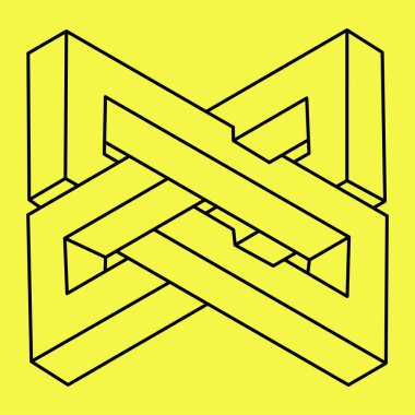 İmkansız şekiller. Kutsal geometri figürü. Optik yanılsama. Soyut sonsuz geometrik nesne. İmkansız sonsuz özet. Çizgi tasarımı. Optik sanat. Sarı arka planda imkansız geometri şekli.