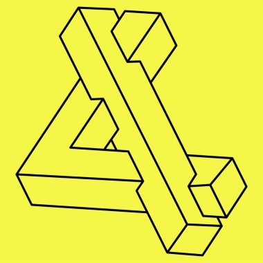 İmkansız şekiller. Kutsal geometri figürü. Optik illüzyon objesi. Soyut sonsuz geometrik nesne. İmkansız sonsuz dış hat şekli. Optik sanat. Sarı arka planda imkansız geometri figürü.