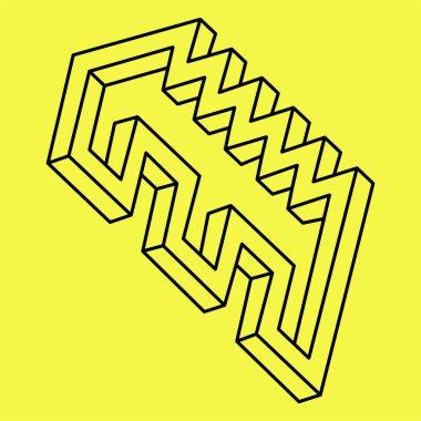 İmkansız şekiller. Optik yanılsama. Soyut sonsuz geometrik nesne. İmkansız sonsuz özet. Operasyon sanatı. Sarı arka planda imkansız geometri sembolü. Kutsal geometri.