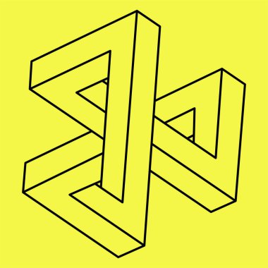 İmkansız bir şekil. Soyut sonsuz geometrik nesne. İmkansız sonsuz özet. Sarı arka planda imkansız geometri sembolü. Optik yanılsama. 