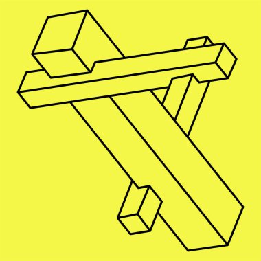 İmkansız şekiller. Kutsal geometri. Optik illüzyon figürü. Soyut sonsuz geometrik nesne. İmkansız sonsuz dış hat şekli. Optik sanat. Sarı arka planda imkansız geometri sembolü.