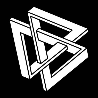 İmkansız şekiller. Kutsal geometri figürleri. Escher tarzı. Optik yanılsama. Soyut sonsuz geometrik nesne. İmkansız sonsuz özet. Optik sanat. Siyah bir arkaplanda imkansız geometri şekli.