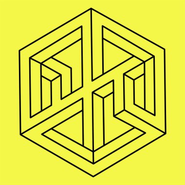 İmkansız şekiller. Kutsal geometri. Optik yanılsama. çizgi sanatı. Soyut sonsuz geometrik nesne. İmkansız sonsuz özet. Operasyon sanatı. Sarı arka planda imkansız geometri şekli.