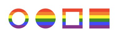 Gökkuşağı bayrağı çerçeveleri. Eşcinsel gurur çemberi, kare arkaplan. İlerleme düz logo simgeleri. LGBT simgesi. Gökkuşağı renklerinde çıkartmalar. Yuvarlak, dikdörtgen düğme, kenarlar. Minimalist şablon tasarımı